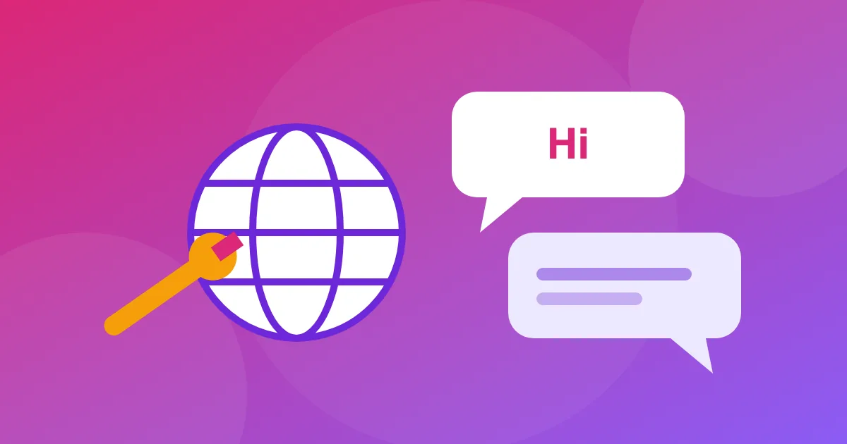 Ilustración de dos burbujas de chat superpuestas, un globo terráqueo y una llave inglesa sobre fondo rosa y violeta