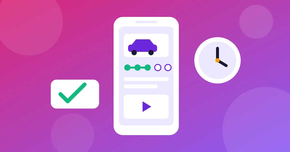 Ilustración de un móvil con un coche y una barra de progreso de cinco pasos, junto a un reloj y una marca de verificación verde