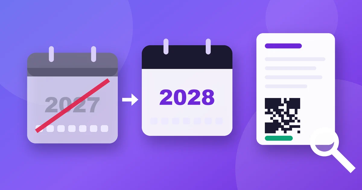 Calendario de Verifactu que pasa de 2027 a 2028 junto a una factura con código QR